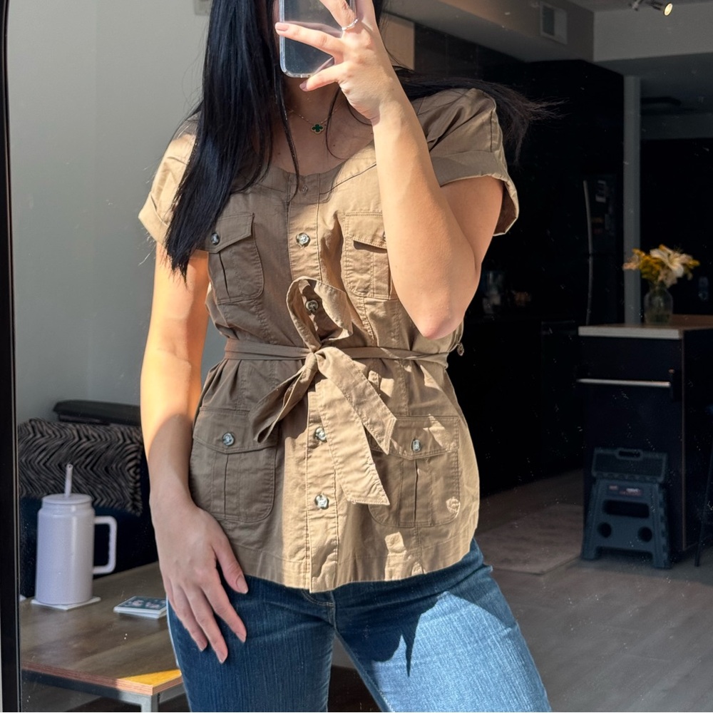 Stylish Tan Button-Up Belted Top